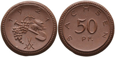 Саксония 50 пфеннигов 1921 виноград и лопата J. N 54 фарфор 1094-5-55