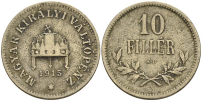 Венгрия 10 филлеров 1915 KB, Франц Иосиф I (1848-1916) KM 494 медь никель цинк 4151-1118