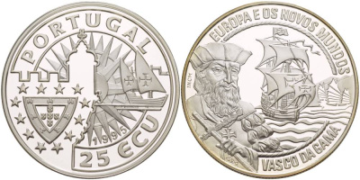 ПОРТУГАЛИЯ 25 ЭКЮ 1995 ЕВРОПА И НОВЫЙ СВЕТ, ВАСКО ДЕ ГАММА, ПРОБА 925, ВЕС 28 ГР. серебро PROOF 1081-3-53