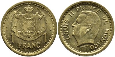Монако 1 франк 1945 Луи II (1922-1949) KM 120 a алюминиевая бронза 4393-1254