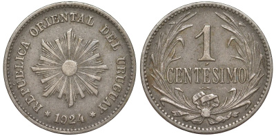Уругвай 1 сентесимо 1924 KM 19 медно-никель 4594-225