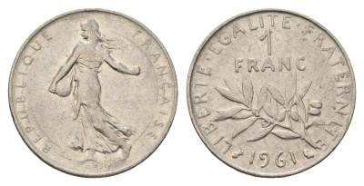 Франция 1 франк 1961 сеятель KM 925 никель 4673-1132