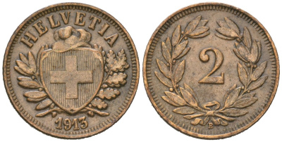 Швейцария 2 раппена 1913 B KM 4 бронза 35-146