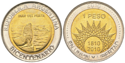 Аргентина 1 песо 2010 200 лет Аргентине - Мар-дель-Плата KM 158 биметалл UNC 4620-653