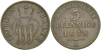 Шаумбург-Липпе 3 пфеннига 1858 А, Георг Вильгельм (1787-1860) KM 39 медь 65-627