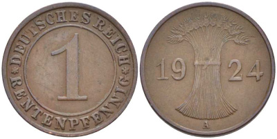 Германия 1 рентенпфенниг 1924 A KM 30, J. 306 бронза 112-1127