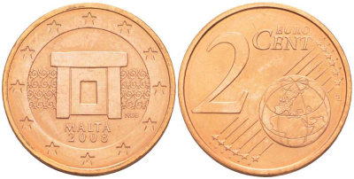 Мальта 2 евроцента 2008 KM 126 сталь плакированная медью UNC 3458-165