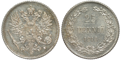 Россия для Финляндии 25 пенни 1916 S, Николай II (1894-1917) KM 6.2, Биткин 421 серебро 75-1314