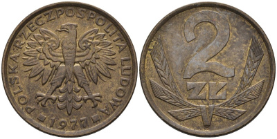 Польша 2 злотых 1977 монетный двор Ленинград (ЛМД) KM 80.1, Parchimowicz 217c латунь 4580-738