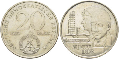 ГДР 20 марок 1979 A, 30 лет образования ГДР J. 1573, KM 75 медь никель цинк 4521-524