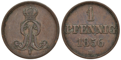 Ганновер 1 пфенниг 1856 B, Георг V KM 221, AKS 155, J. 83 медь 4594-434