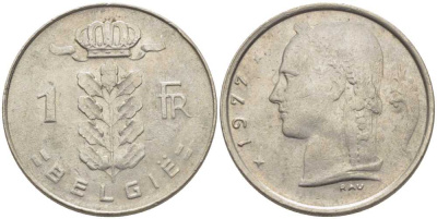 БЕЛЬГИЯ 1 ФРАНК 1977 BELGIE, БОДУЭН I (1951-1993) KM 143.1 медно-никель 119-642