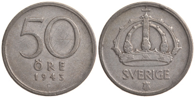 Швеция 50 эре 1943 G, Густав V (1907-1950) KM 817 серебро 4179-952