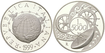 Италия 5000 лир 1999 R, Миллениум - Земля KM 198 серебро PROOF 1530-135