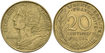 Франция 20 сантимов 1964 ТИП MORLON KM 930, Le Franc 156.4 медь алюминий никель 4566-811