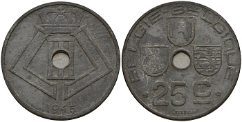 Бельгия 25 сантимов 1945 Belgie - Belgique, Леопольд III (1934-1947), германская оккупация, Вторая мировая война KM 132 цинк 4157-641