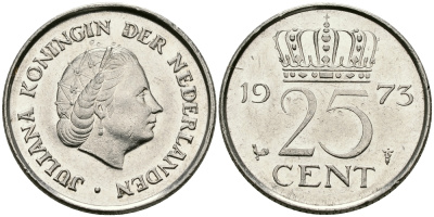 НИДЕРЛАНДЫ 25 ЦЕНТОВ 1973 ЮЛИАНА KM 183 никель 96-231