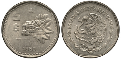 МЕКСИКА 5 ПЕСО 1980 АЦТЕКСКАЯ СКУЛЬПТУРА, ПЕРНАТЫЙ ЗМЕЙ КЕТЦАЛЬКОАТЛЬ KM 485 медно-никель XF- 3334-122