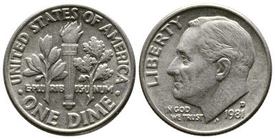 США 10 ЦЕНТОВ = 1 ДАЙМ 1981 D, РУЗВЕЛЬТ KM 195а медь плакированная медно-никелем 57-1213