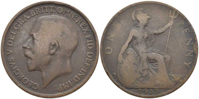 Великобритания 1 пенни 1917 Георг V (1910-1936) KM 810, Spink 4051 бронза 115-114