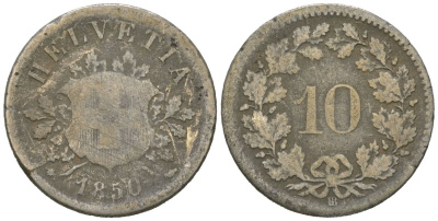 Швейцария 10 раппенов 1850 BB KM 6 серебро 4615-524