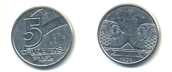 Бразилия 5 крузейро 1990 фермер KM 618.1 нержавеющая сталь aUNC 93-652