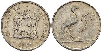 ЮАР 5 центов 1981 герб, райский журавль KM 84 никель 66-333