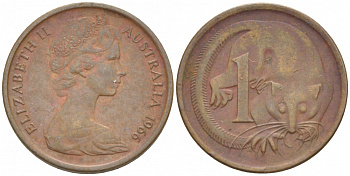 АВСТРАЛИЯ 1 ЦЕНТ 1966 ЕЛИЗАВЕТА II, МОЛОДОЙ ПОРТРЕТ, ОПОССУМ КМ 62 бронза 3851-1066