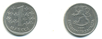 ФИНЛЯНДИЯ 1 МАРКА 1971 S KM 49а медно-никель 80-443