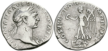 Римская Империя денарий 103 - 111 Траян COS V PP SPQR OPTIMO PRINC Виктория, держащая венок и пальмовую ветвь Рим Very fine RIC 131 серебро 1073-4-2-4