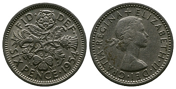 Великобритания 6 пенсов 1954 Елизавета II (1952-2022) KM 903, Spink 4149 медно-никель 4381-644