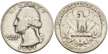 США 25 центов = квотер 1951 D, Вашингтон KM 164 серебро 85-1142