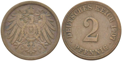 ГЕРМАНИЯ 2 ПФЕННИГА 1907 A KM 16, J. 11, Weege 4 медь 211-515