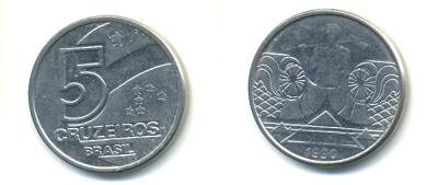 Бразилия 5 крузейро 1990 фермер KM 618.1 нержавеющая сталь aUNC 93-652