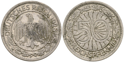 Германия 50 рейхспфеннигов 1928 A KM 49, J. 324 никель 4588-1215