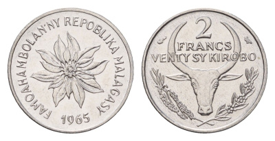 Мадагаскар 2 франка 1965 KM 9 нержавеющая сталь UNC 4669-467