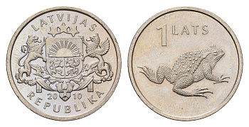 Латвия 1 лат 2010 Лягушка KM 108 медно-никель UNC 4652-1043