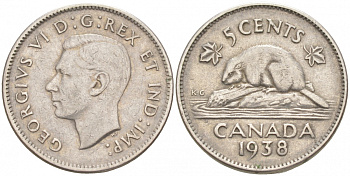 Канада 5 центов 1938 бобр, Георг VI (1937-1952) KM 33 никель 73-1122