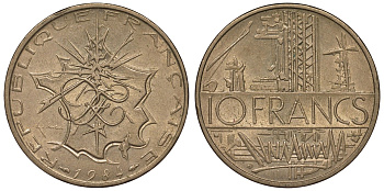 Франция 10 франков 1984 тип Матье KM 940, Le Franc 365.23-24 никель латунь 4123-625