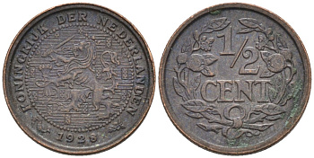 Нидерланды 1/2 цента 1928 Вильгельмина (1890-1948) KM 138 бронза 4576-519