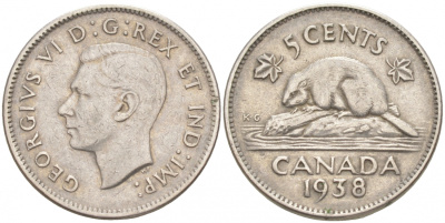 Канада 5 центов 1938 бобр, Георг VI (1937-1952) KM 33 никель 73-1122