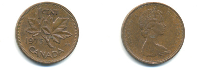 Канада 1 цент 1975 Елизавета II (1952-2022), кленовый лист KM 59.1 бронза 177-1345