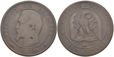 ФРАНЦИЯ 10 САНТИМОВ 1855 BB, НАПОЛЕОН III (1852-1870) KM 771.3, LE FRANC 133.23 бронза 114-1243