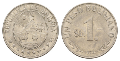 Боливия 1 песо 1974 KM 192 сталь плакированная никелем UNC 4628-633