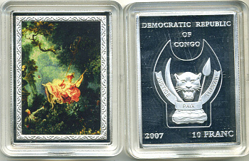 Конго 10 франков 2007 серия шедевры мировой живописи, ЖАН ОНОРЕ ФРАГОНАР, КАЧЕЛИ ИЛИ СЧАСТЛИВЫЕ СЛУЧАЙНОСТИ КАЧЕЛЕЙ, серебрение, размер 35Х46 мм., цветная эмаль медно-никель PROOF M43-19
