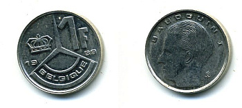 Бельгия 1 франк 1989 Belgique, Бодуэн I (1951-1993) KM 170 железо плакированное никелем 25-1427