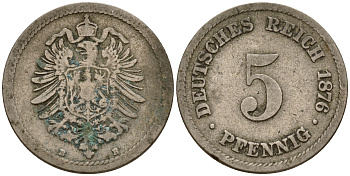 Германия 5 пфеннигов 1876 B J.3  KM 3 медно-никель    4598-1011