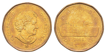 Канада 1 доллар 2008 Елизавета II (1952-2022), утка KM 495 никель плакированный позолоченной бронзой aUNC 4631-821