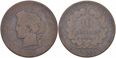 ФРАНЦИЯ 10 САНТИМОВ 1881 A, ТРЕТЬЯ РЕСПУБЛИКА (1871-1940) KM 815.1, LA FRANC 135.25 бронза 97-623