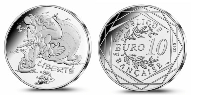 Франция 10 евро 2015 серия Астерикс и свобода, Астерикс и Обеликс смеются, в оригинальном буклете KM NEW серебро UNC 1-4-3-30